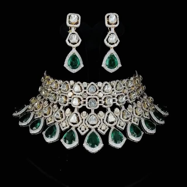 Emerald and diamond necklace and earring set