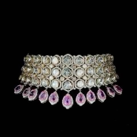 Diamond choker with pink gemstone drops