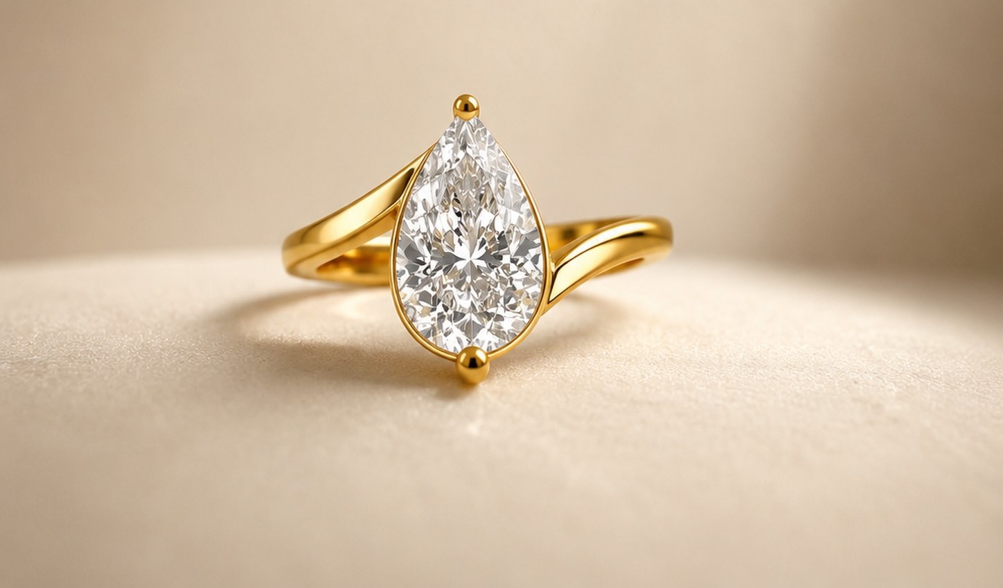 Pear-cut diamond ring in yellow gold on cream backdrop