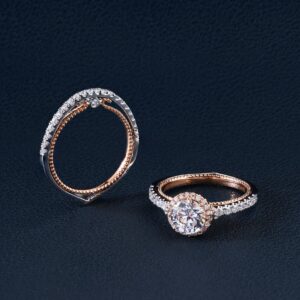 Rose gold halo engagement ring and matching diamond band
